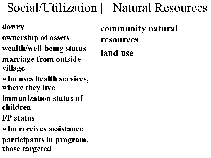 Social/Utilization | Natural Resources dowry ownership of assets wealth/well-being status marriage from outside village