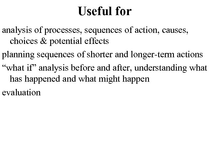 Useful for analysis of processes, sequences of action, causes, choices & potential effects planning