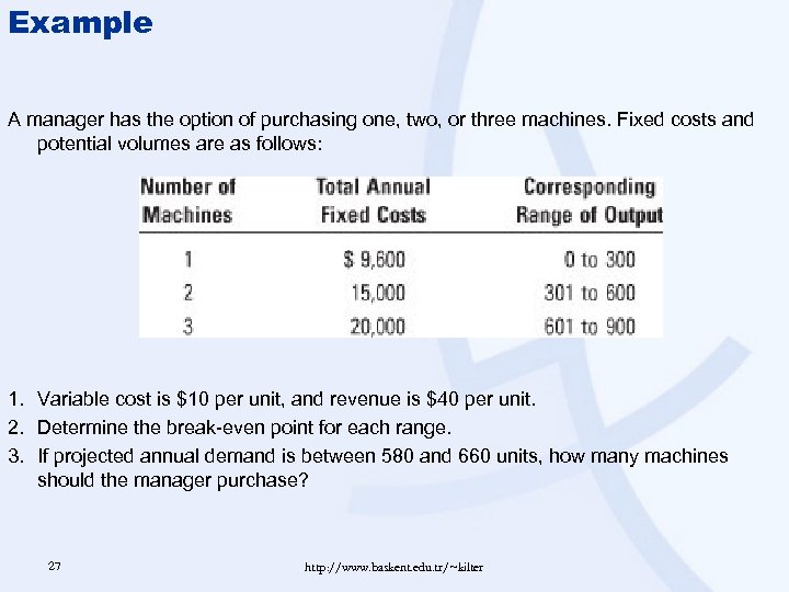 Example A manager has the option of purchasing one, two, or three machines. Fixed