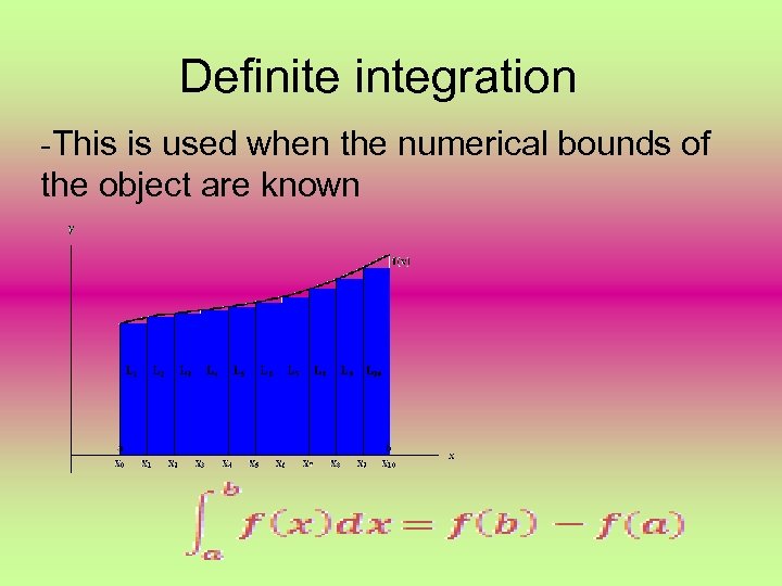 Definite integration -This is used when the numerical bounds of the object are known