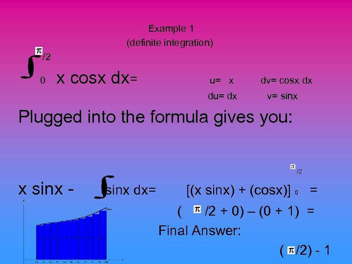 Example 1 (definite integration) /2 0 x cosx dx= u= x du= dx dv=