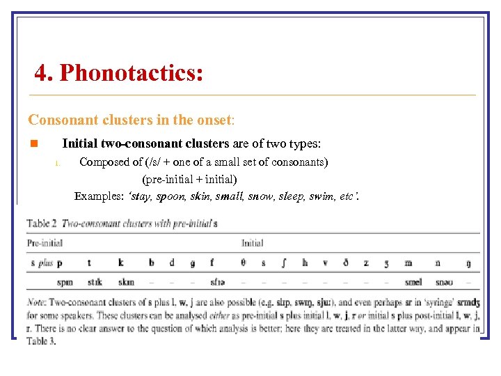 4. Phonotactics: Consonant clusters in the onset: Initial two-consonant clusters are of two types: