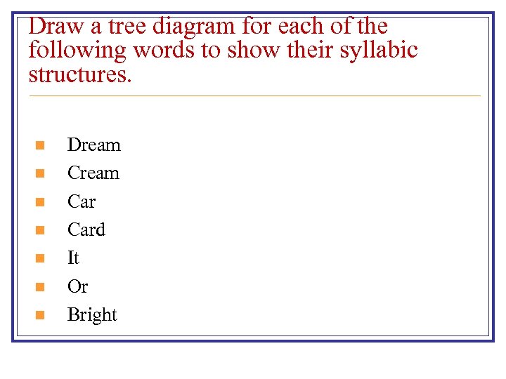 Draw a tree diagram for each of the following words to show their syllabic