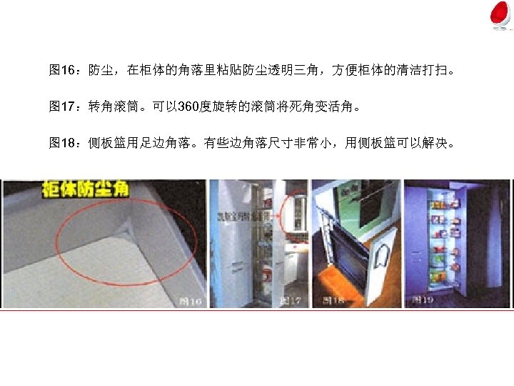 图 16：防尘，在柜体的角落里粘贴防尘透明三角，方便柜体的清洁打扫。 图 17：转角滚筒。可以 360度旋转的滚筒将死角变活角。 图 18：侧板篮用足边角落。有些边角落尺寸非常小，用侧板篮可以解决。 
