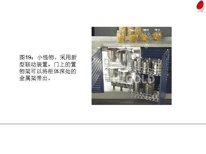 图 19：小怪物。采用新 型联动装置，门上的置 物架可以将柜体深处的 金属架带出。 