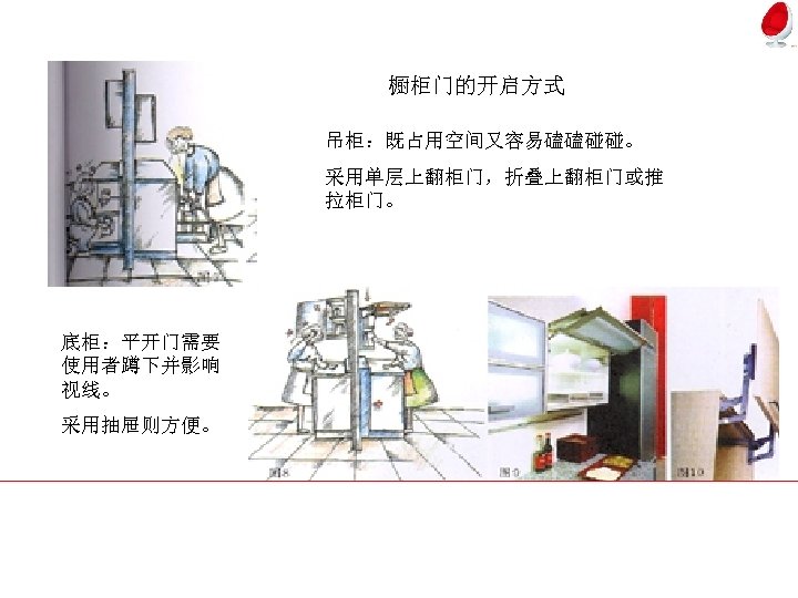 橱柜门的开启方式 吊柜：既占用空间又容易磕磕碰碰。 采用单层上翻柜门，折叠上翻柜门或推 拉柜门。 底柜：平开门需要 使用者蹲下并影响 视线。 采用抽屉则方便。 