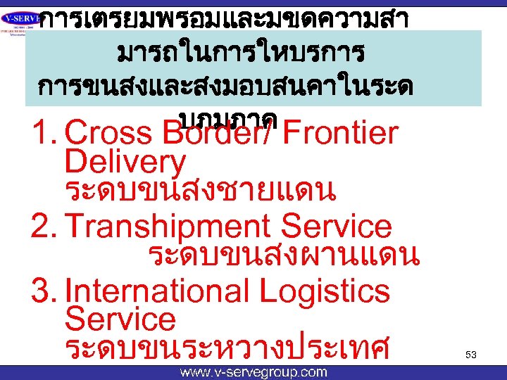 การเตรยมพรอมและมขดความสา มารถในการใหบรการ การขนสงและสงมอบสนคาในระด บภมภาค 1. Cross Border/ Frontier Delivery ระดบขนสงชายแดน 2. Transhipment Service ระดบขนสงผานแดน