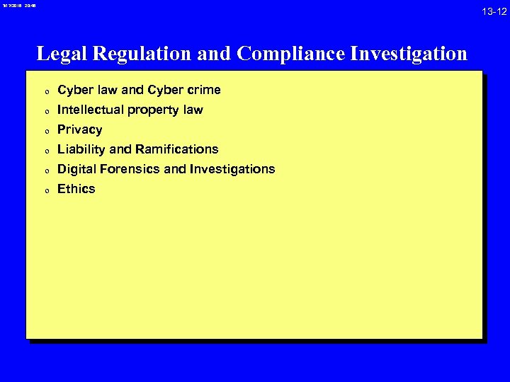 3/17/2018 20: 46 Legal Regulation and Compliance Investigation 0 Cyber law and Cyber crime