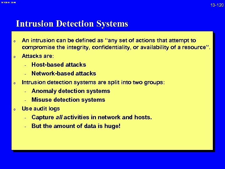3/17/2018 20: 46 13 -120 Intrusion Detection Systems 0 An intrusion can be defined