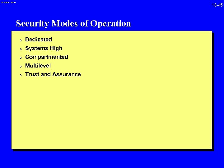 3/17/2018 20: 46 Security Modes of Operation 0 Dedicated 0 Systems High 0 Compartmented