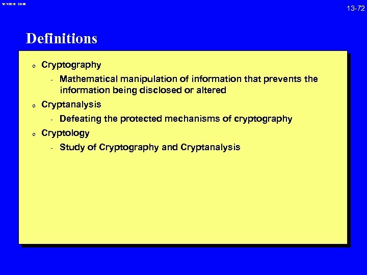 3/17/2018 20: 46 Definitions 0 Cryptography - Mathematical manipulation of information that prevents the