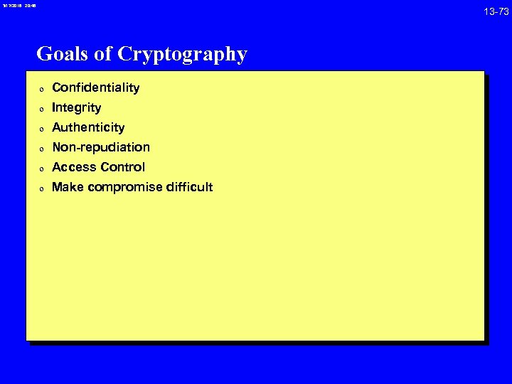 3/17/2018 20: 46 Goals of Cryptography 0 Confidentiality 0 Integrity 0 Authenticity 0 Non-repudiation