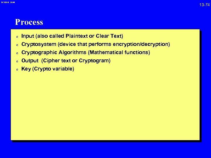 3/17/2018 20: 46 Process 0 Input (also called Plaintext or Clear Text) 0 Cryptosystem