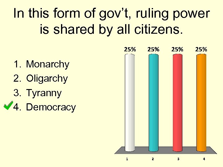 In this form of gov’t, ruling power is shared by all citizens. 1. 2.