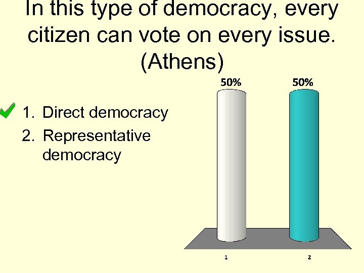 In this type of democracy, every citizen can vote on every issue. (Athens) 1.