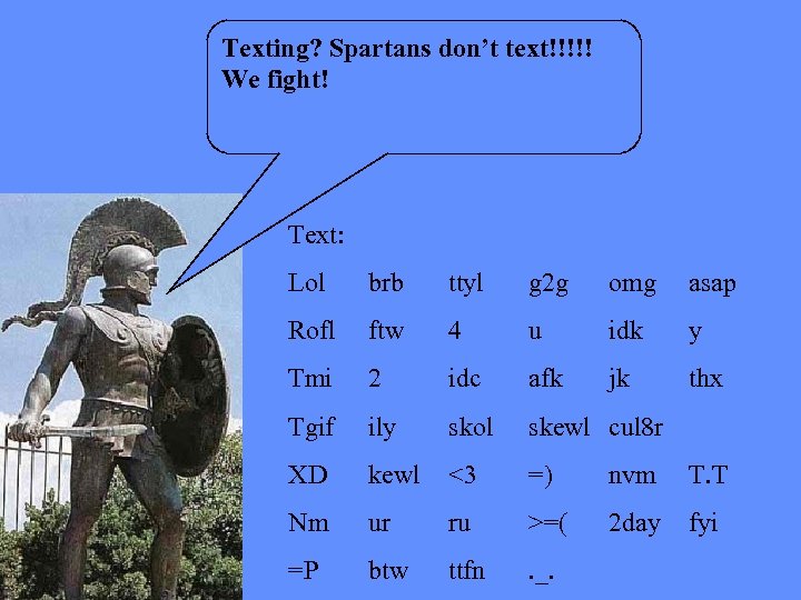 Texting? Spartans don’t text!!!!! We fight! Text: Lol brb ttyl g 2 g omg