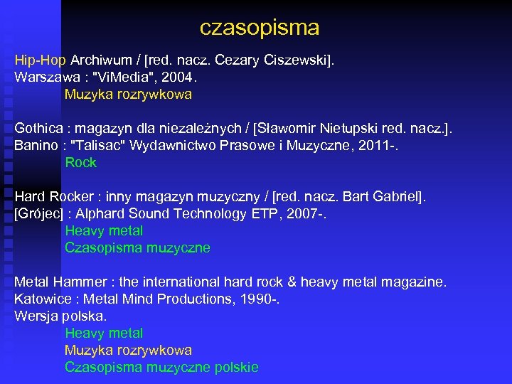 czasopisma Hip-Hop Archiwum / [red. nacz. Cezary Ciszewski]. Warszawa : "Vi. Media", 2004. Muzyka