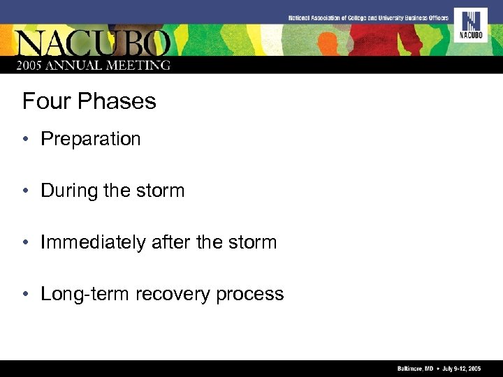 Four Phases • Preparation • During the storm • Immediately after the storm •