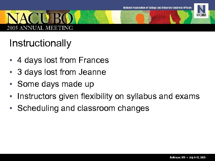 Instructionally • • • 4 days lost from Frances 3 days lost from Jeanne