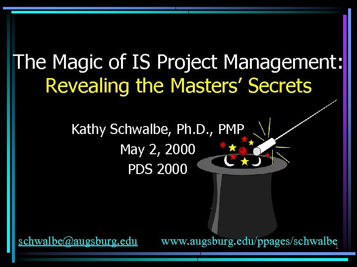 The Magic of IS Project Management: Revealing the Masters’ Secrets Kathy Schwalbe, Ph. D.