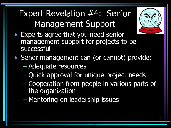 Expert Revelation #4: Senior Management Support • Experts agree that you need senior management