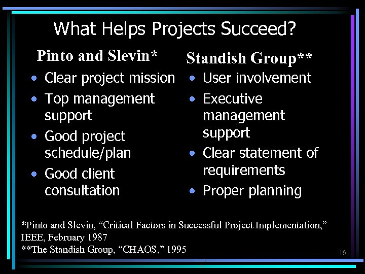 What Helps Projects Succeed? Pinto and Slevin* • Clear project mission • Top management