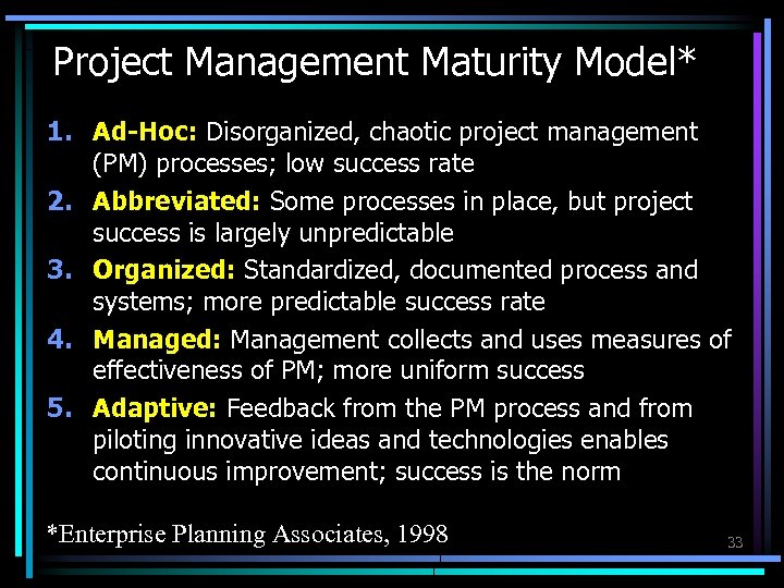 Project Management Maturity Model* 1. Ad-Hoc: Disorganized, chaotic project management (PM) processes; low success