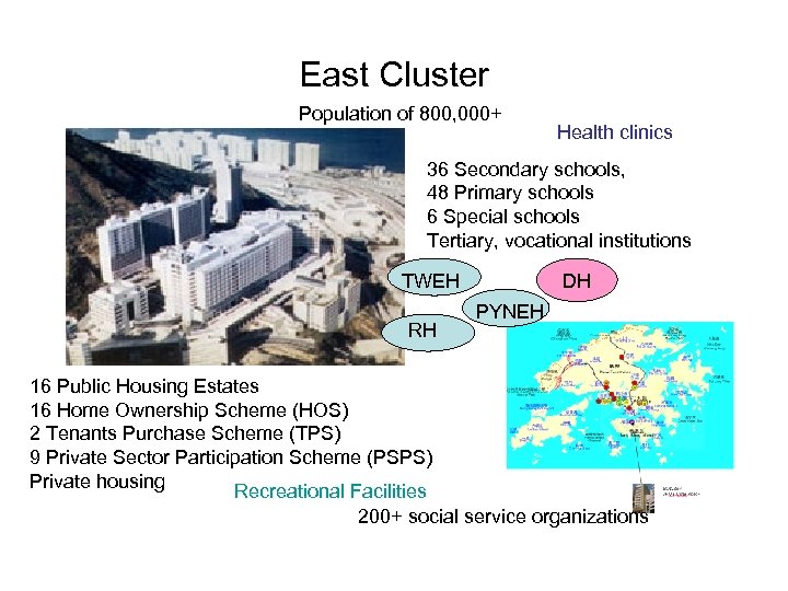 East Cluster Population of 800, 000+ Health clinics 36 Secondary schools, 48 Primary schools