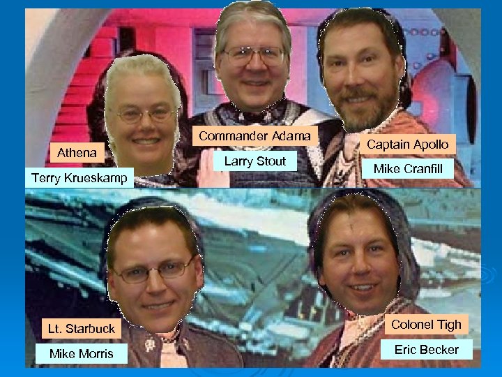 Commander Adama Athena Terry Krueskamp Larry Stout Captain Apollo Mike Cranfill Lt. Starbuck Colonel