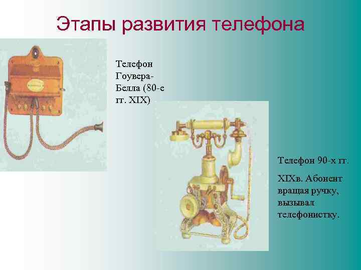 Этапы развития телефона Телефон Гоувера. Белла (80 -е гг. XIX) Телефон 90 -х гг.