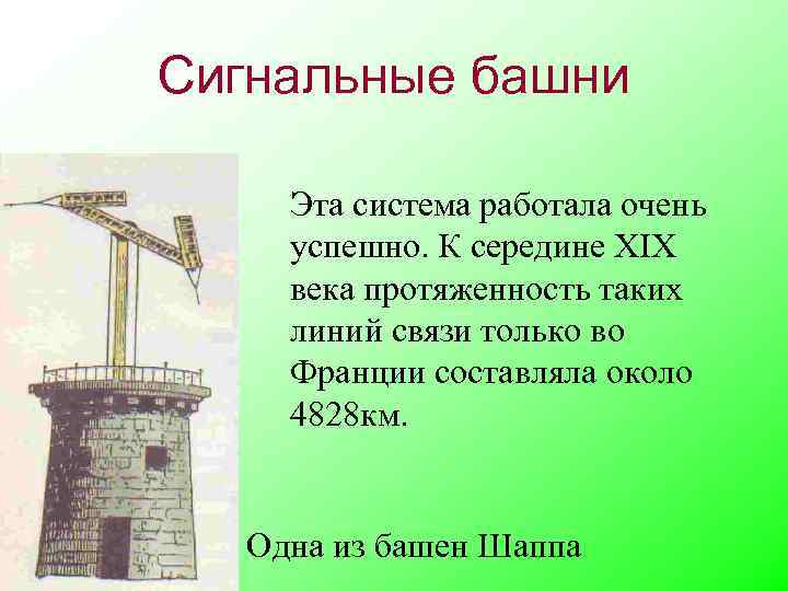 Сигнальные башни Эта система работала очень успешно. К середине XIX века протяженность таких линий