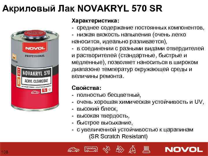 Акриловый Лак NOVAKRYL 570 SR Характеристика: - среднее содержание постоянных компонентов, - низкая вязкость