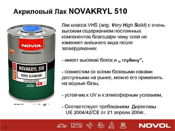 Акриловый Лак NOVAKRYL 510 Лак класса VHS (ang. Very High Solid) с очень высоким