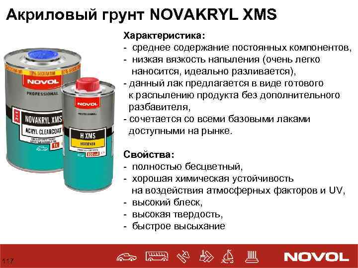 Акриловый грунт NOVAKRYL XMS Характеристика: - среднее содержание постоянных компонентов, - низкая вязкость напыления