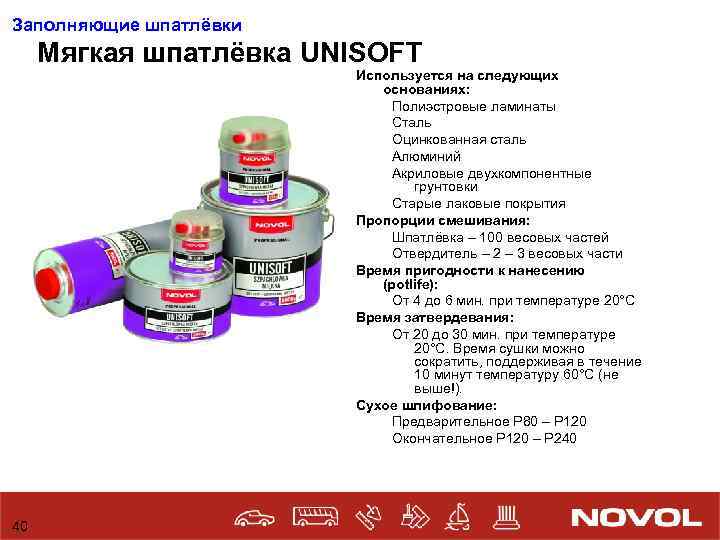 Заполняющие шпатлёвки Мягкая шпатлёвка UNISOFT Используется на следующих основаниях: Полиэстровые ламинаты Сталь Оцинкованная сталь