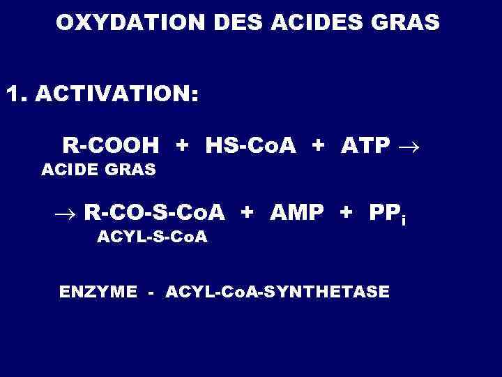 ОXYDATION DES ACIDES GRAS 1. АCTIVATION: R-COOH + HS-Co. A + ATP ACIDE GRAS