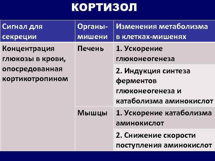 КОРТИЗОЛ Сигнал для секреции Концентрация глюкозы в крови, опосредованная кортикотропином Органы- Изменения метаболизма мишени