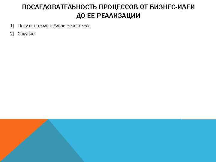 ПОСЛЕДОВАТЕЛЬНОСТЬ ПРОЦЕССОВ ОТ БИЗНЕС-ИДЕИ ДО ЕЕ РЕАЛИЗАЦИИ 1) Покупка земли в близи реки и