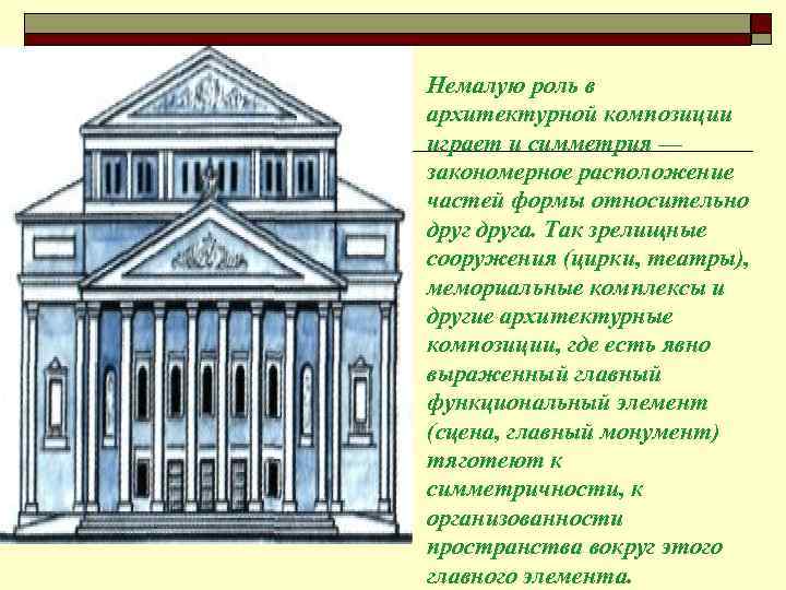 Немалую роль в архитектурной композиции играет и симметрия — закономерное расположение частей формы относительно