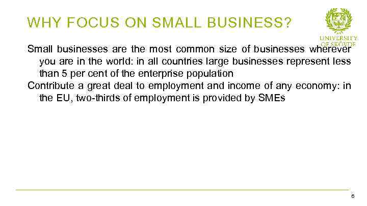 WHY FOCUS ON SMALL BUSINESS? Small businesses are the most common size of businesses