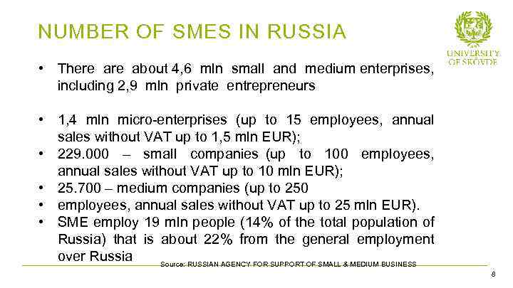 NUMBER OF SMES IN RUSSIA • There about 4, 6 mln small and medium