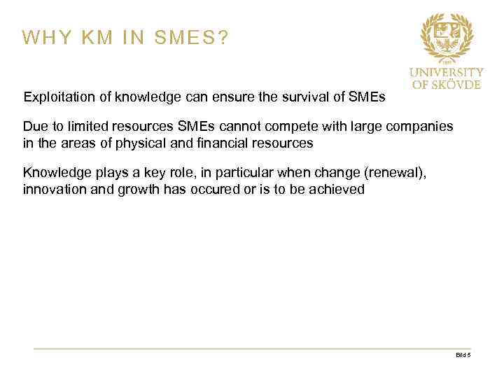 WHY KM IN SMES? Exploitation of knowledge can ensure the survival of SMEs Due