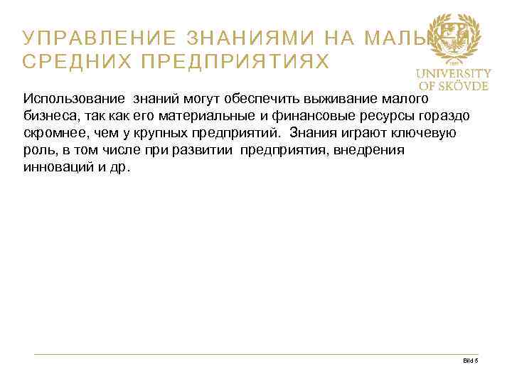 УПРАВЛЕНИЕ ЗНАНИЯМИ НА МАЛЫХ И СРЕДНИХ ПРЕДПРИЯТИЯХ Использование знаний могут обеспечить выживание малого бизнеса,