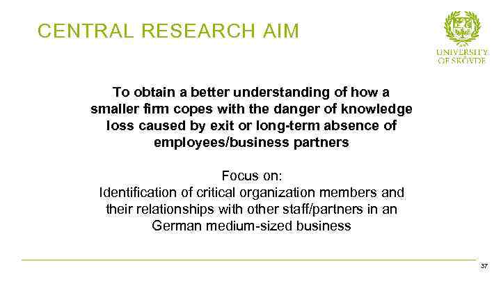 CENTRAL RESEARCH AIM To obtain a better understanding of how a smaller firm copes