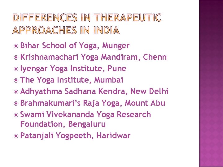  Bihar School of Yoga, Munger Krishnamachari Yoga Mandiram, Chenn Iyengar Yoga Institute, Pune