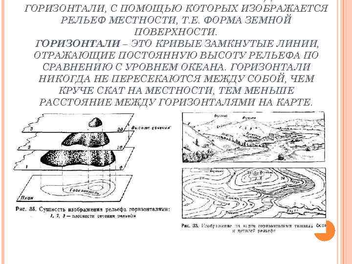 БОЛЬШАЯ ЧАСТЬ ЛИНИЙ НА КАРТЕ ПРИХОДИТСЯ НА ГОРИЗОНТАЛИ, С ПОМОЩЬЮ КОТОРЫХ ИЗОБРАЖАЕТСЯ РЕЛЬЕФ МЕСТНОСТИ,