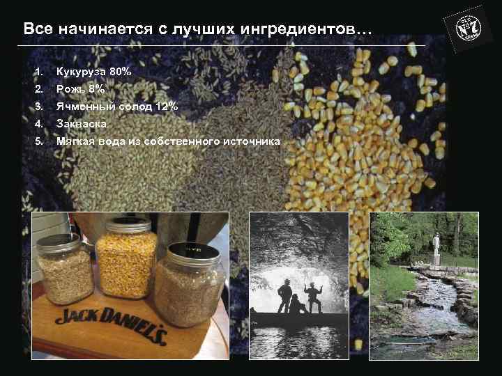 Все начинается с лучших ингредиентов… 1. Кукуруза 80% 2. Рожь 8% 3. Ячменный солод
