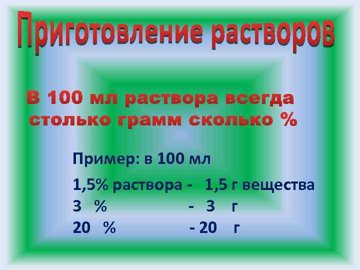 Пример: в 100 мл 1, 5% раствора - 1, 5 г вещества 3 %