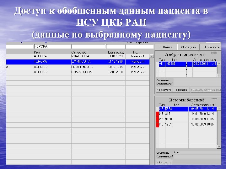 Доступ к обобщенным данным пациента в ИСУ ЦКБ РАН (данные по выбранному пациенту) 