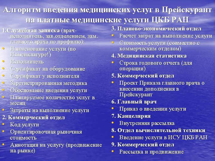 Алгоритм введения медицинских услуг в Прейскурант на платные медицинские услуги ЦКБ РАН 1. Служебная